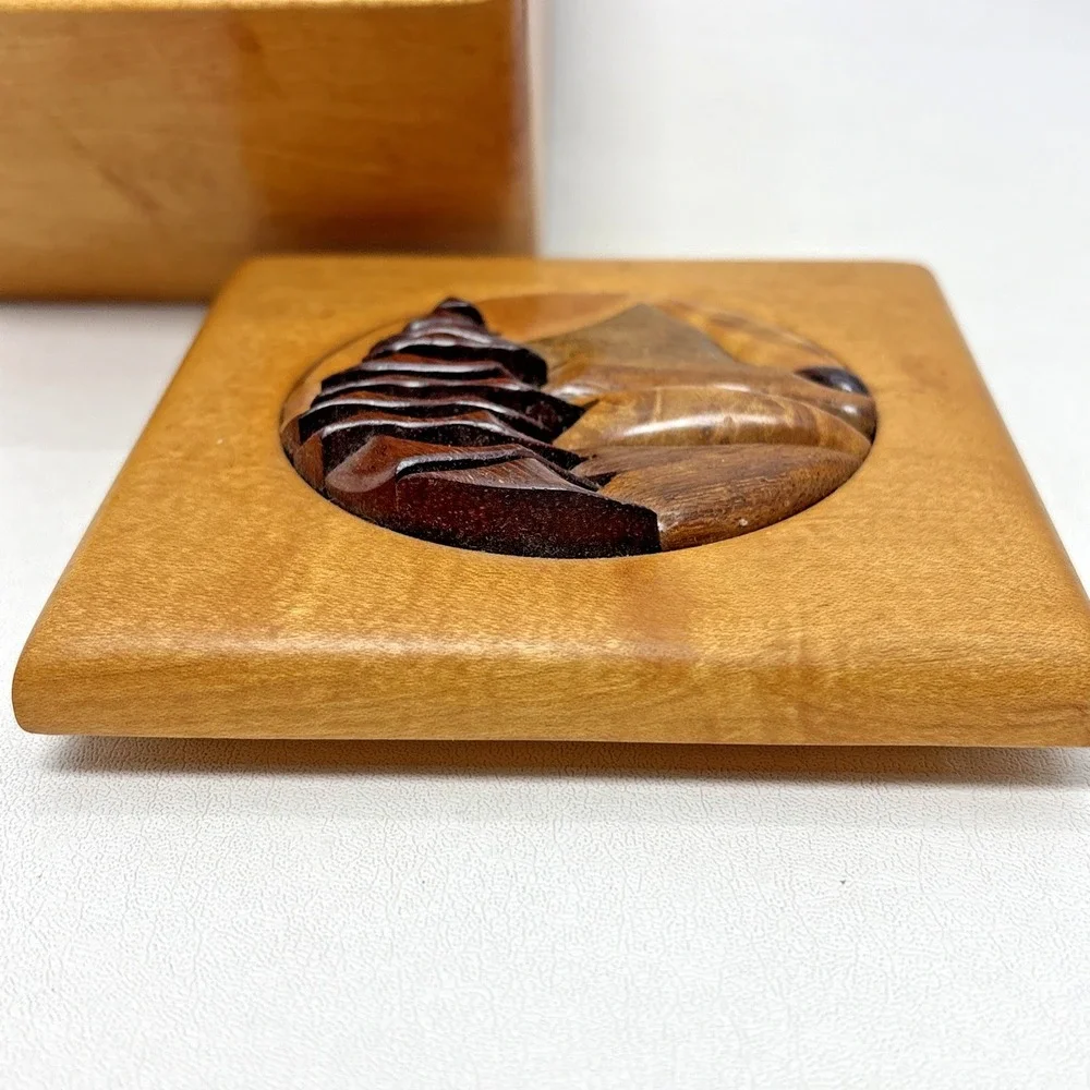 Wooden Hand Carved 3D Trinket Jewelry Box Brown Raised Mountain Detailed VTG 80s